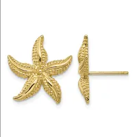 Gold starfish-shaped stud earrings shown from front and side views, featuring textured surfaces on each of the five arms.