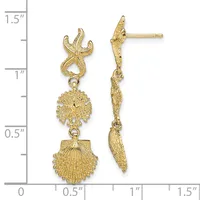 Gold starfish and sea creature dangle earrings with a scallop shell detail, shown next to a ruler measuring approximately 1.5 inches in length.