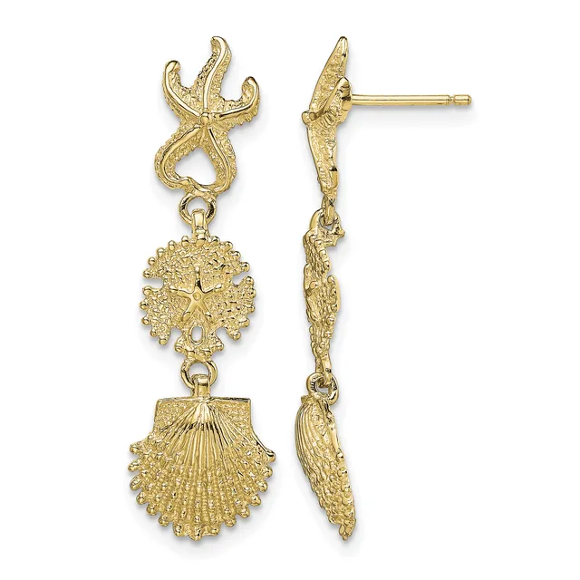 Gold starfish earrings with dangling coral and scallop shell charms, shown from front and side views.