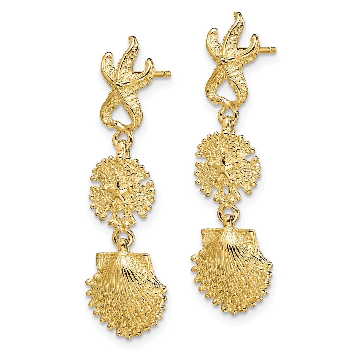 Pair of gold dangle earrings with leaf-shaped posts, circular textured discs, and scallop shell charms suspended from chain links.