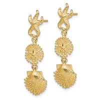 Pair of gold dangle earrings with leaf-shaped posts, circular textured discs, and scallop shell charms suspended from chain links.