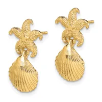 Pair of gold earrings featuring textured seahorse-shaped tops with ridged shell-shaped drop bottoms, shown from the front against a white background.