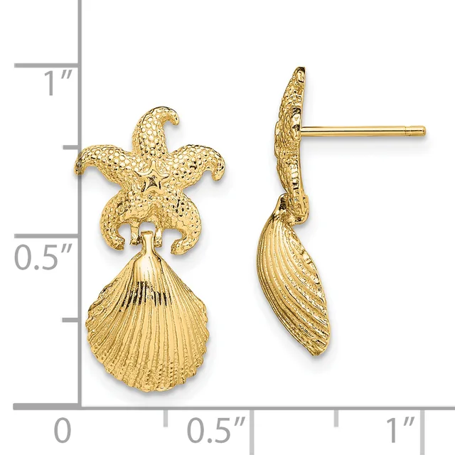 Gold starfish and shell drop earrings with textured finishes, shown next to a ruler indicating approximately one inch in length.
