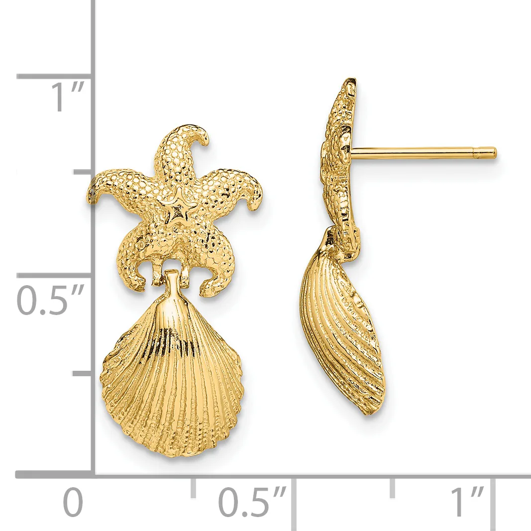 Gold starfish and shell drop earrings with textured finishes, shown next to a ruler indicating approximately one inch in length.