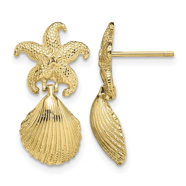 Pair of gold starfish stud earrings with textured surfaces and dangling shell-shaped charms shown from front and side views.