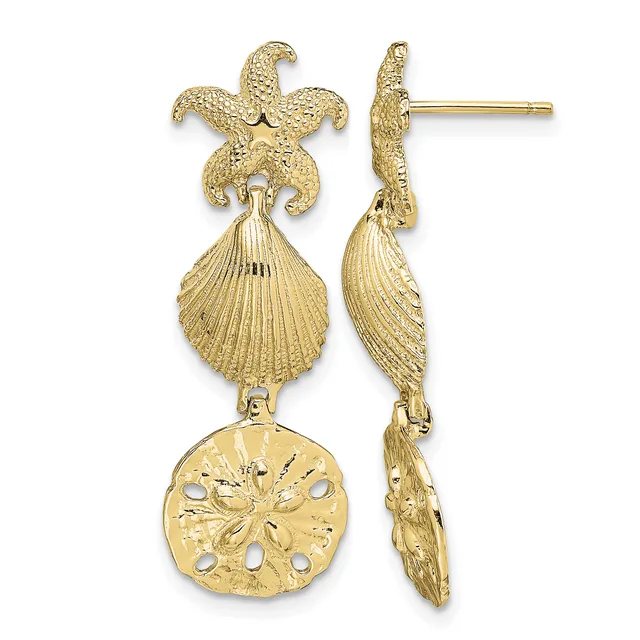Pair of gold-toned earrings with starfish tops, scallop shell middles, and sand dollar charms hanging below, shown from front and side views.