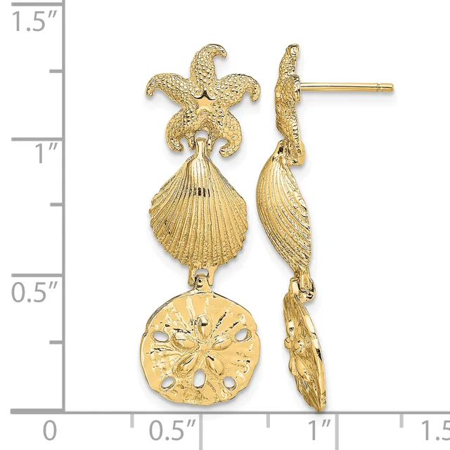 Gold-toned starfish and shell dangle earrings with sand dollar charm, displayed against a measurement scale showing approximately 1.5 inches in length.