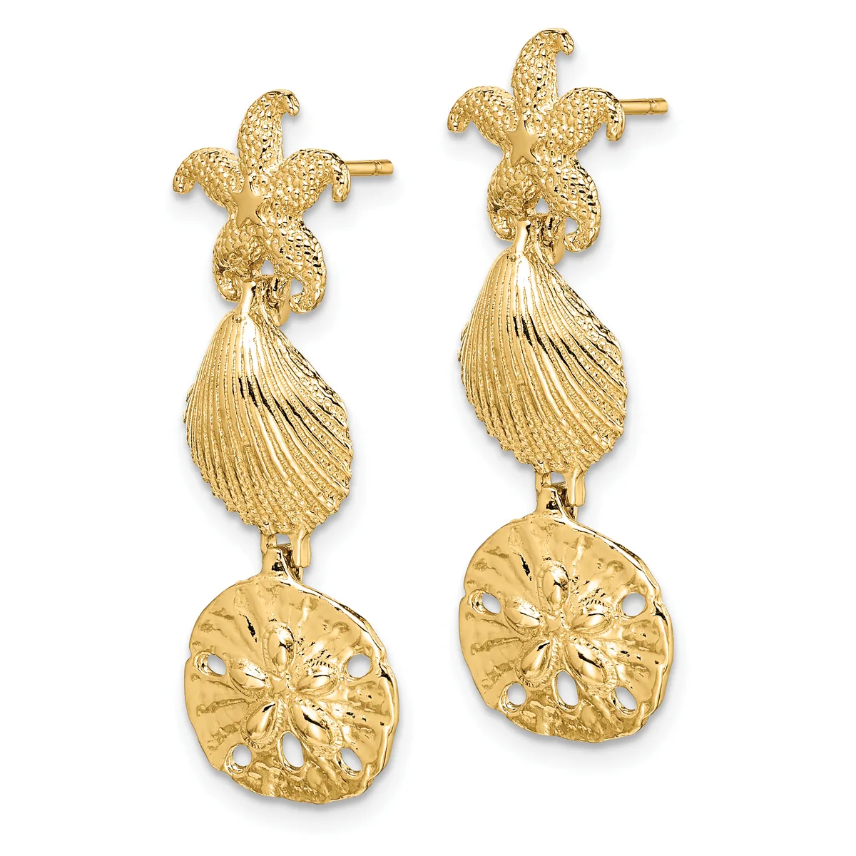 Pair of gold-toned dangling earrings with fleur-de-lis tops, shell-shaped middle sections, and sand dollar-shaped bottoms with post backs.