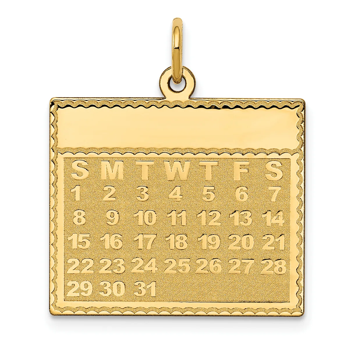 Gold calendar pendant with a decorative scalloped border, displaying all days of the month arranged in rows with day-of-week abbreviations at the top.