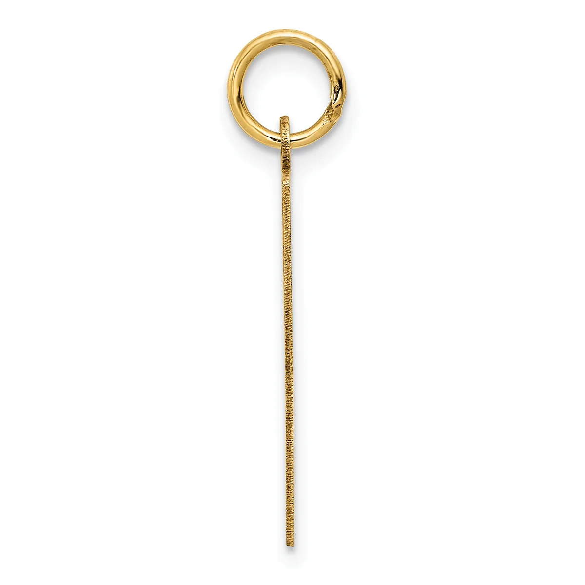 A gold-colored pendant consisting of a small circular loop at the top attached to a long, thin textured rod that tapers to a point at the bottom.