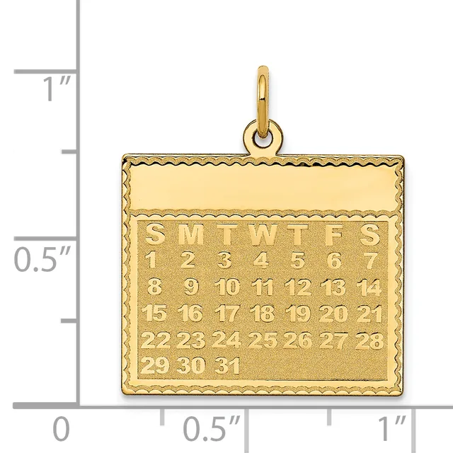 Gold calendar pendant with decorative border shown next to a ruler measuring approximately one inch square.
