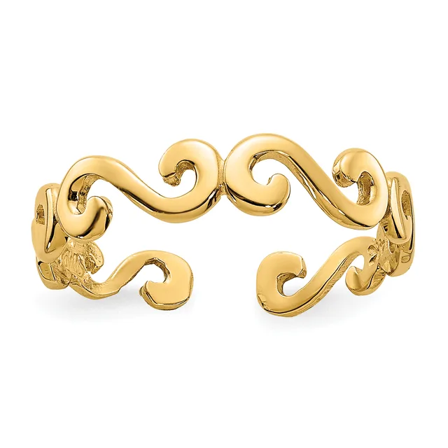Gold cuff bracelet with scrolling curved designs and small decorative elements on the sides, shown open against a white background.