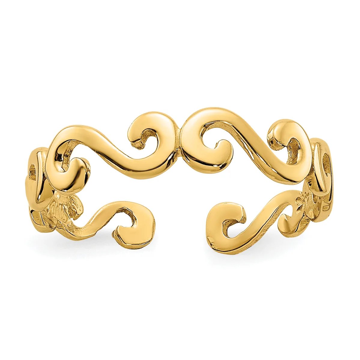 Gold cuff bracelet with scrolling curved designs and small decorative elements on the sides, shown open against a white background.