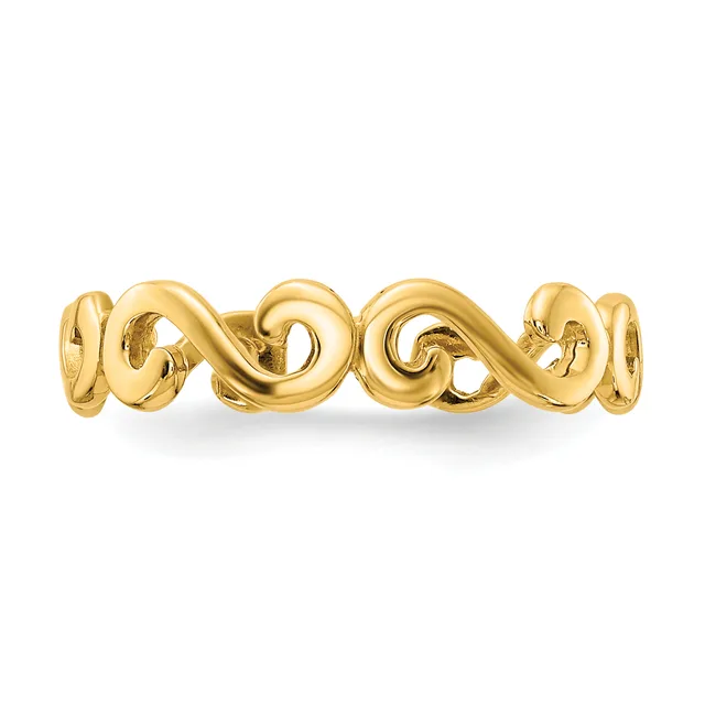 A polished gold bracelet with a wavy, looping design featuring rounded cylindrical links connected in an undulating pattern.