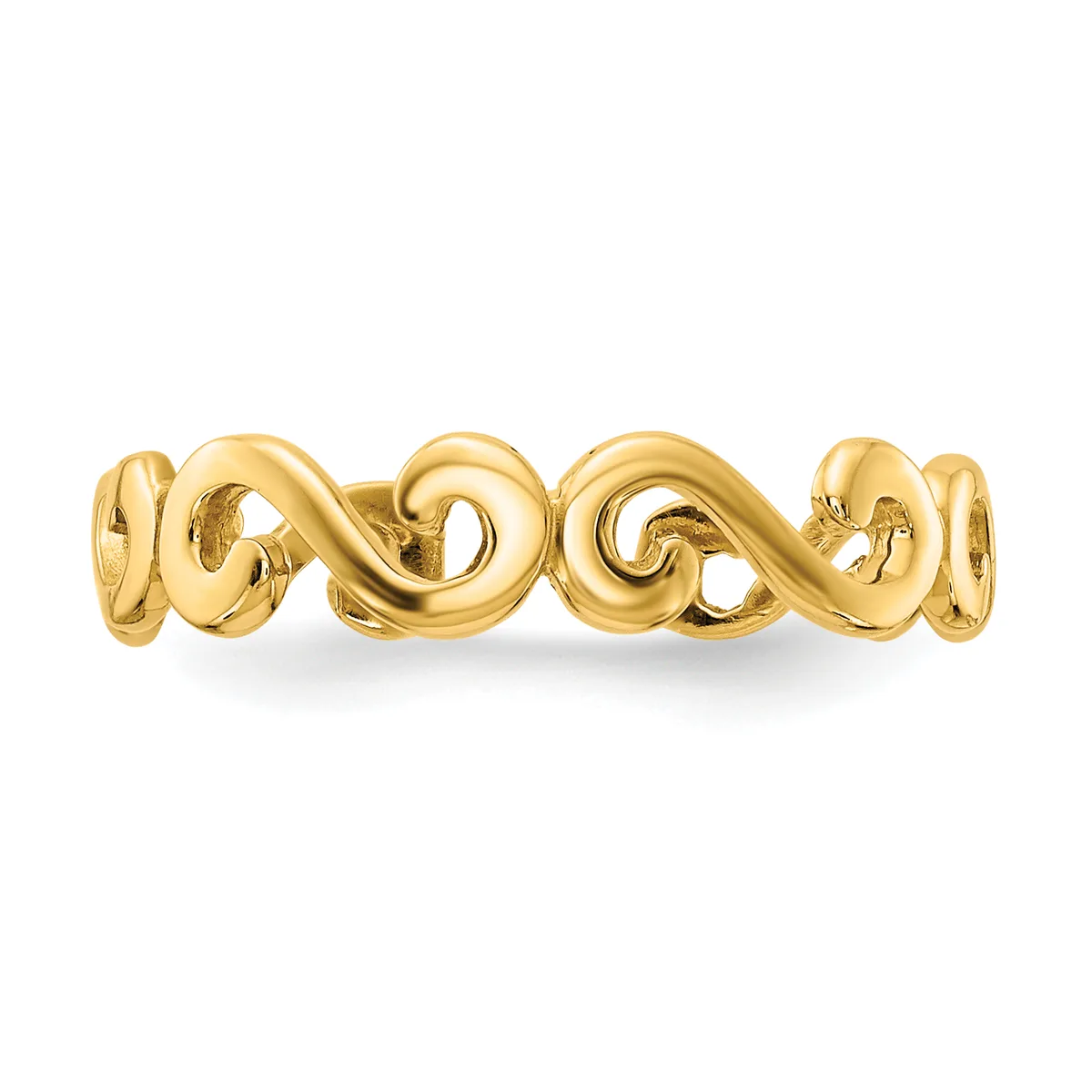 A polished gold bracelet with a wavy, looping design featuring rounded cylindrical links connected in an undulating pattern.