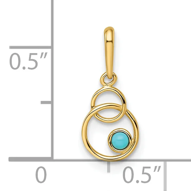 Gold pendant with intertwined circular loops and a turquoise cabochon stone, shown against a measurement scale indicating approximately 0.5 inches in width and height.