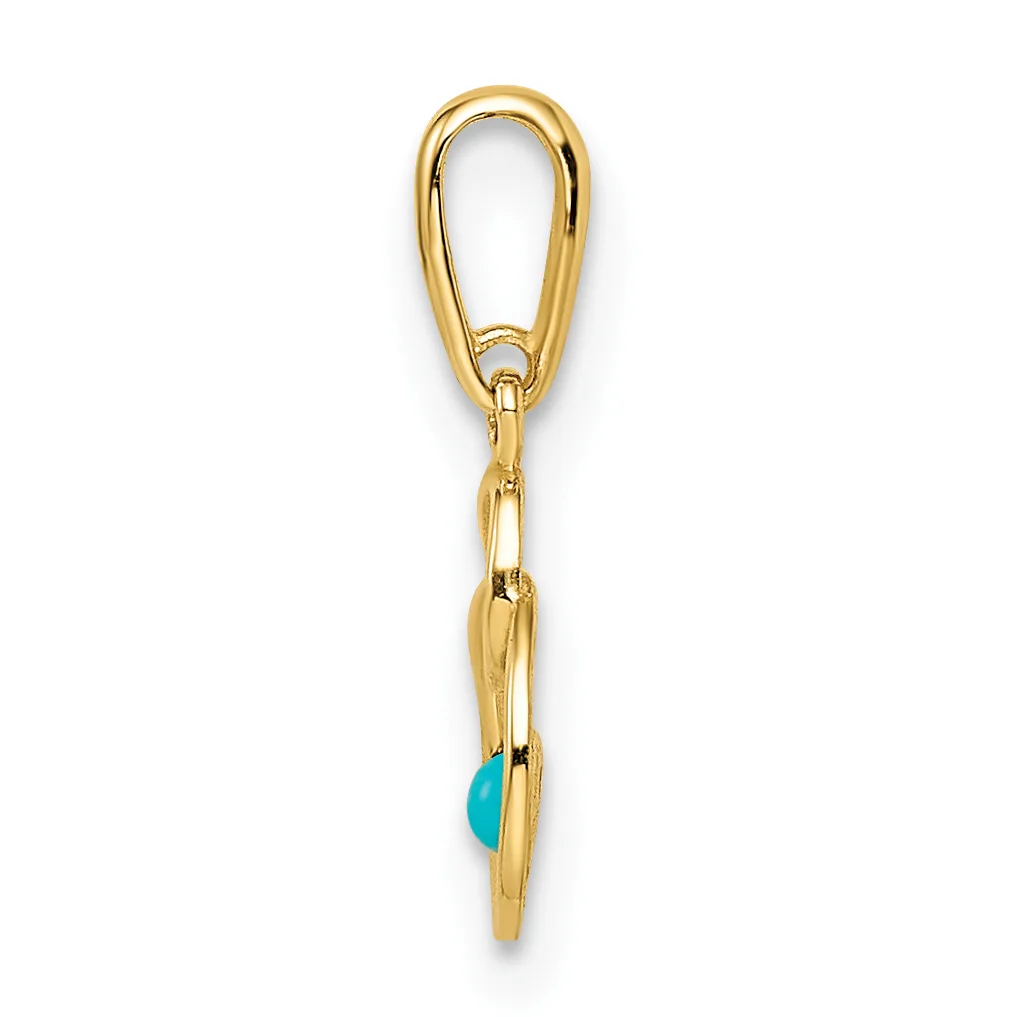 A gold-toned elongated loop pendant with a turquoise stone accent near the bottom, suspended from a matching chain and bail clasp.