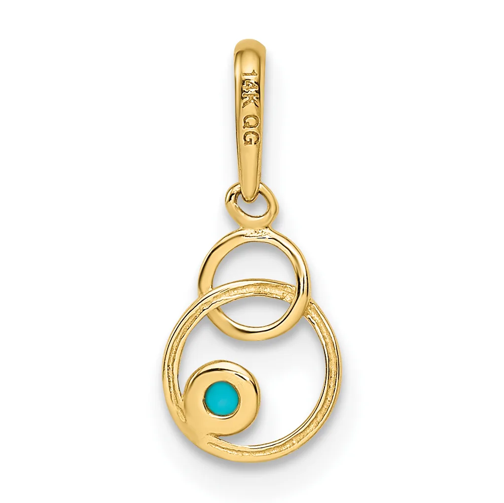 Gold pendant charm featuring two interlocking circles with a small turquoise stone set in the lower circle, suspended from a bale with a small stamped hallmark.
