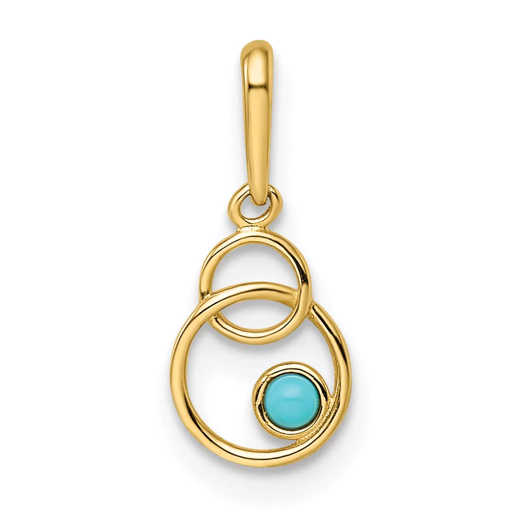 Gold pendant with two interlocking circles and a turquoise stone set in the lower circle, suspended from a gold bail.