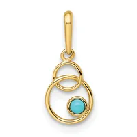 Gold pendant with two interlocking circles and a turquoise stone set in the lower circle, suspended from a gold bail.