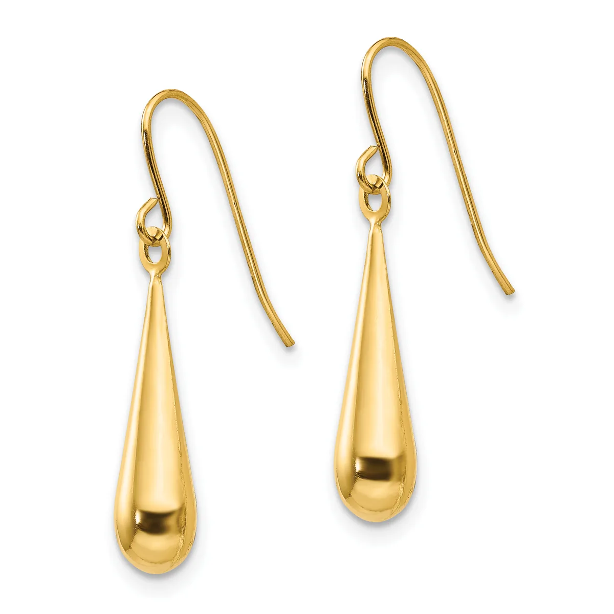 A pair of polished yellow gold teardrop earrings with shepherd's hook closures displayed against a white background.