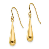 A pair of polished yellow gold teardrop earrings with shepherd's hook closures displayed against a white background.