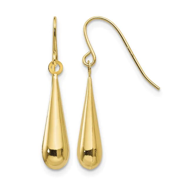 A pair of gold teardrop earrings with fish hook ear wires displayed against a white background.