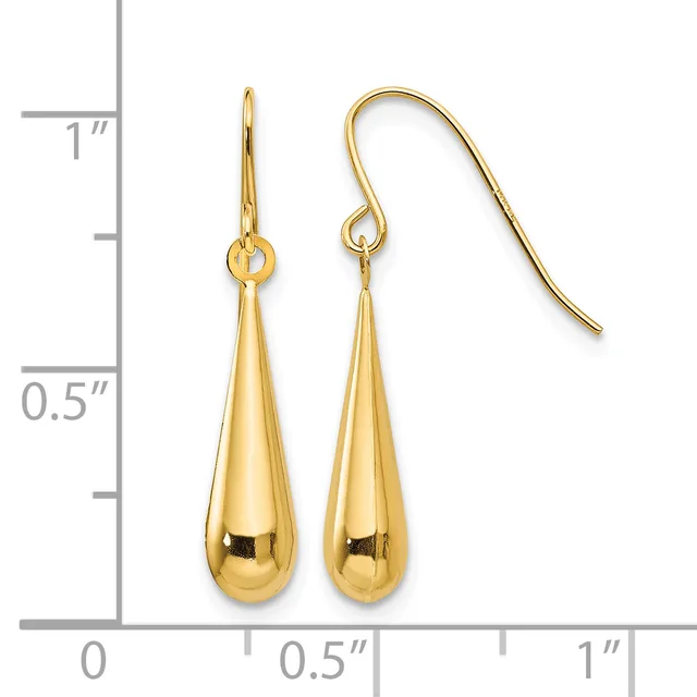 Pair of gold teardrop earrings with fish hook wires displayed next to a ruler showing approximately one inch in length.