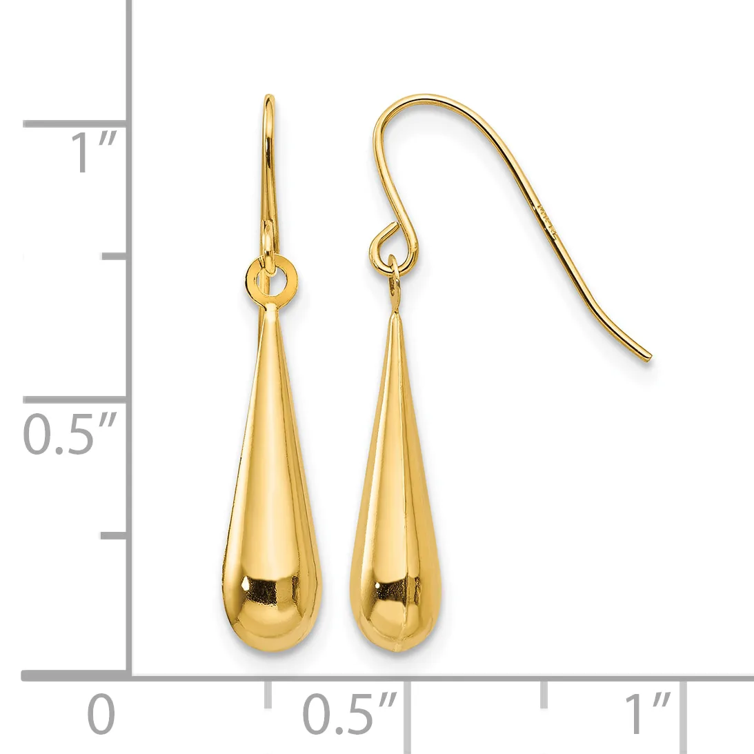 Pair of gold teardrop earrings with fish hook wires displayed next to a ruler showing approximately one inch in length.