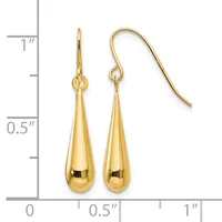 Pair of gold teardrop earrings with fish hook wires displayed next to a ruler showing approximately one inch in length.