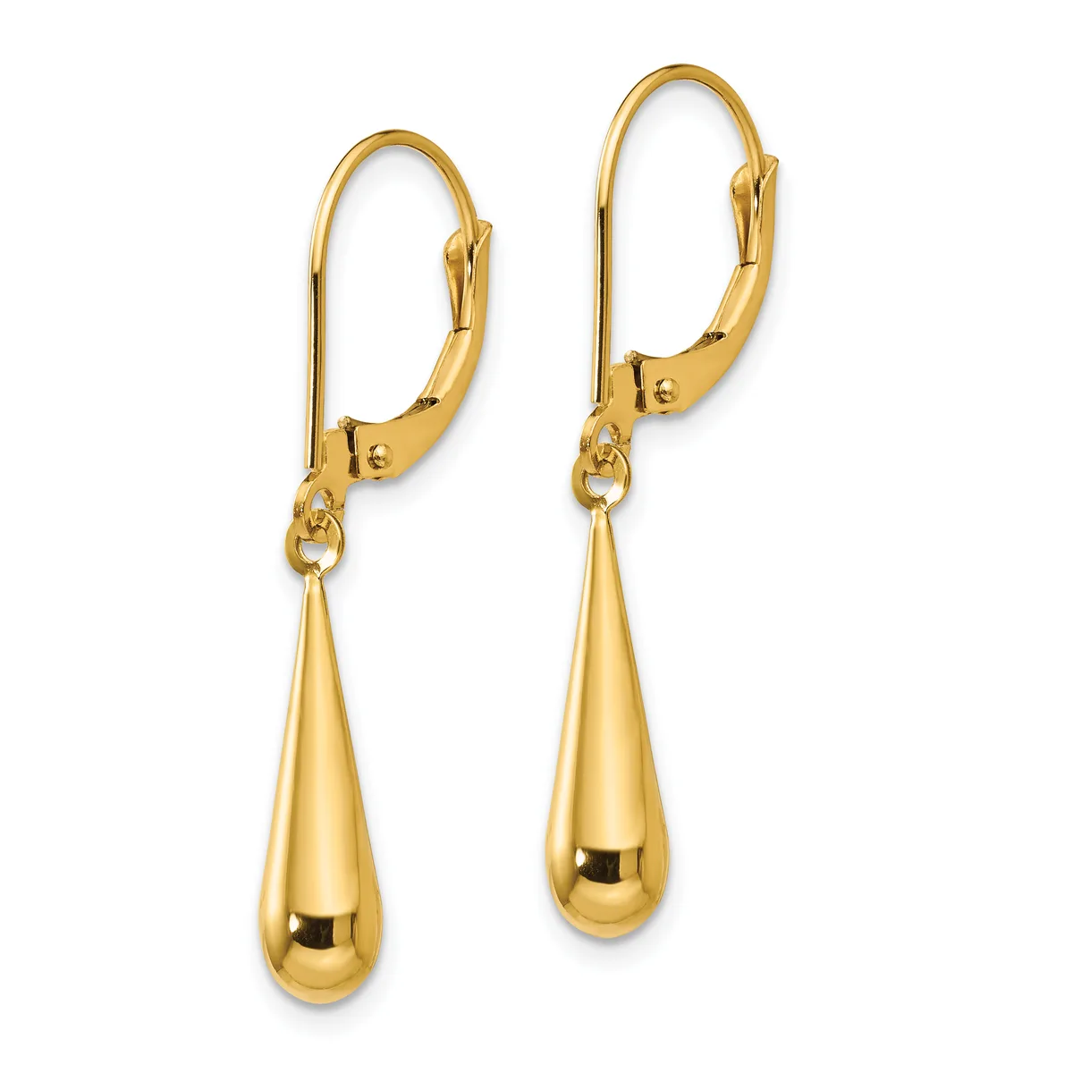 A pair of gold teardrop earrings with lever-back closures, shown against a white background.