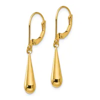 A pair of gold teardrop earrings with lever-back closures, shown against a white background.