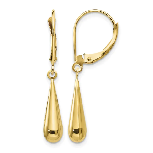 Pair of gold teardrop earrings with leverback closures, shown from front and side views.
