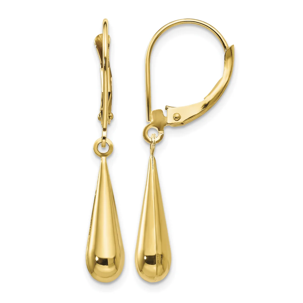 Pair of gold teardrop earrings with leverback closures, shown from front and side views.