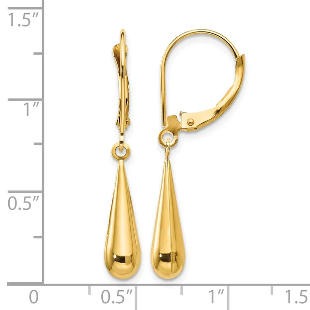 Pair of gold teardrop earrings with lever-back closures, shown next to a measurement scale indicating approximately 1.5 inches in length.