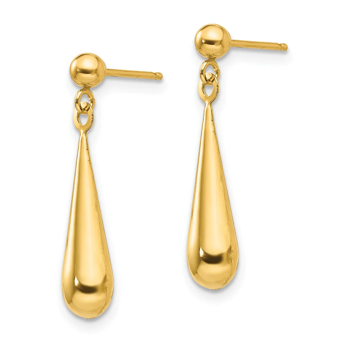 Pair of gold teardrop earrings with ball studs and connector loops, shown from the front against a white background.