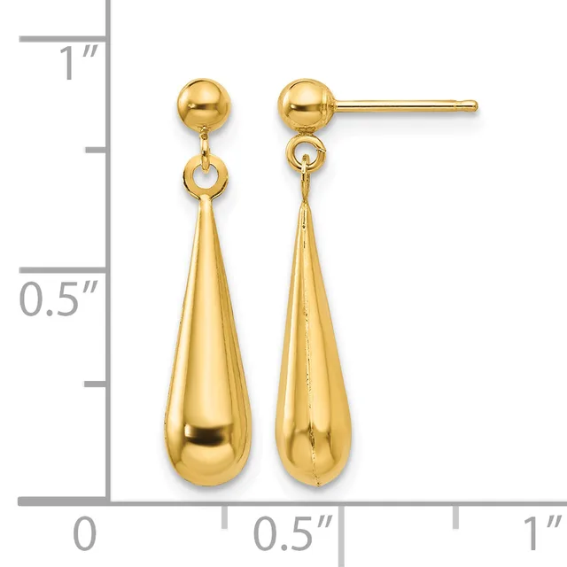 Pair of gold teardrop dangle earrings with ball studs, shown next to a ruler measuring approximately one inch in length.