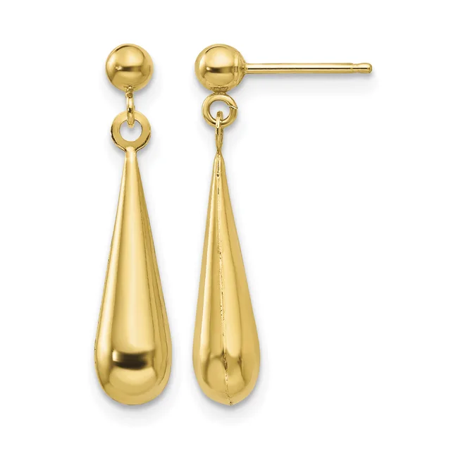 Pair of gold teardrop dangle earrings with ball studs, shown from front and side views.