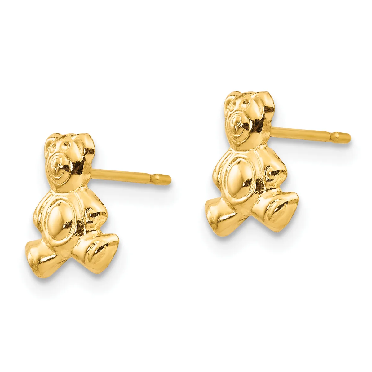 Pair of gold-colored teddy bear stud earrings with posts and backs, shown from the front.