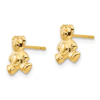 Pair of gold-colored teddy bear stud earrings with posts and backs, shown from the front.