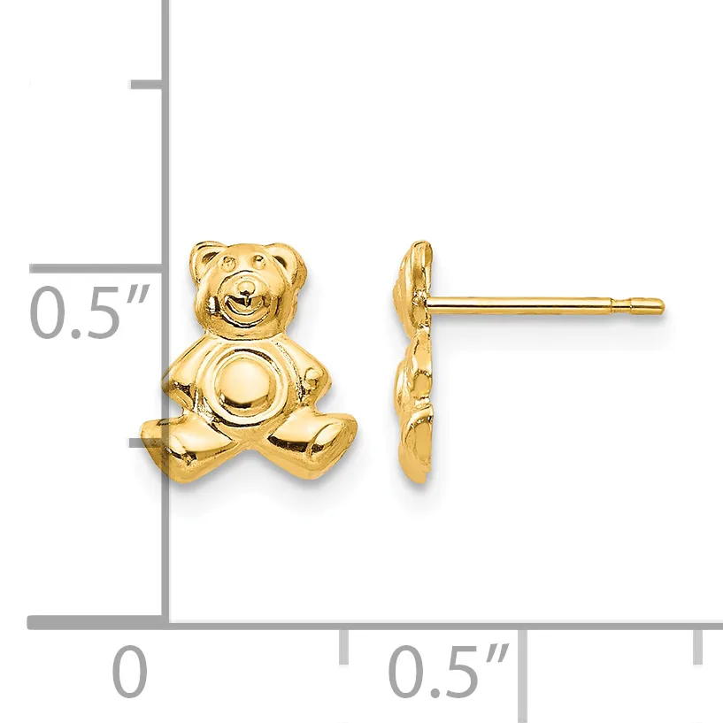 Pair of gold teddy bear stud earrings shown front and side view against a measurement scale indicating approximately 0.5 inches in height.
