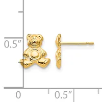 Pair of gold teddy bear stud earrings shown front and side view against a measurement scale indicating approximately 0.5 inches in height.