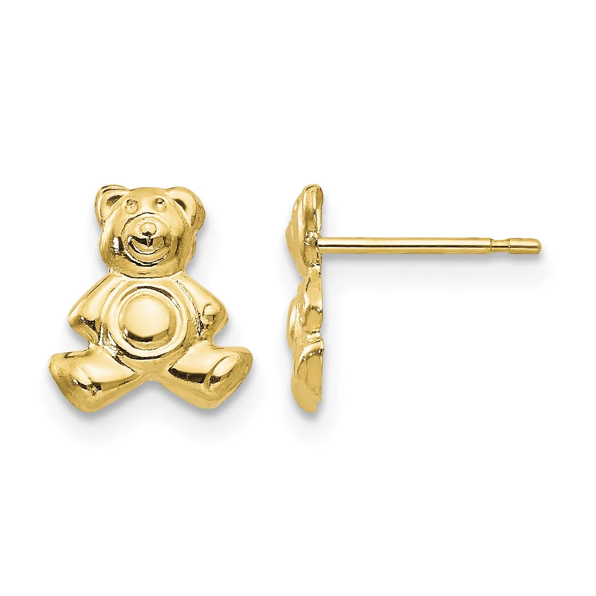 A pair of gold teddy bear stud earrings shown from front and side view, featuring detailed facial features and seated posture with posts and backs.