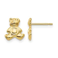 A pair of gold teddy bear stud earrings shown from front and side view, featuring detailed facial features and seated posture with posts and backs.
