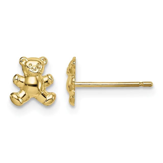 A pair of gold teddy bear stud earrings shown from front and side views, displaying the bear's face and profile on posts.