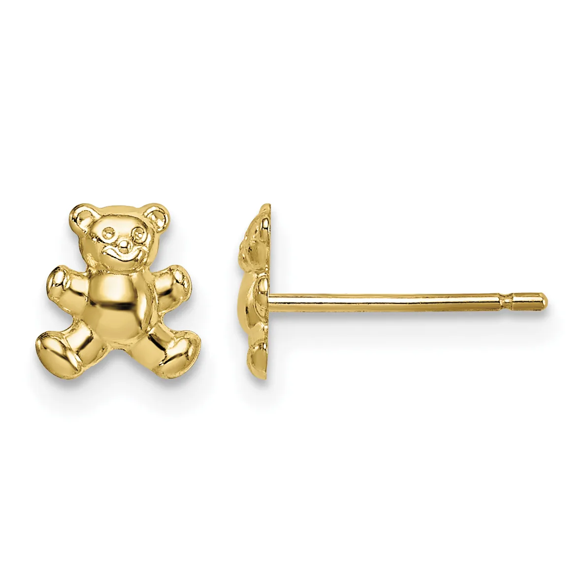 A pair of gold teddy bear stud earrings shown from front and side views, displaying the bear's face and profile on posts.