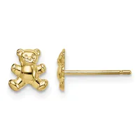 A pair of gold teddy bear stud earrings shown from front and side views, displaying the bear's face and profile on posts.