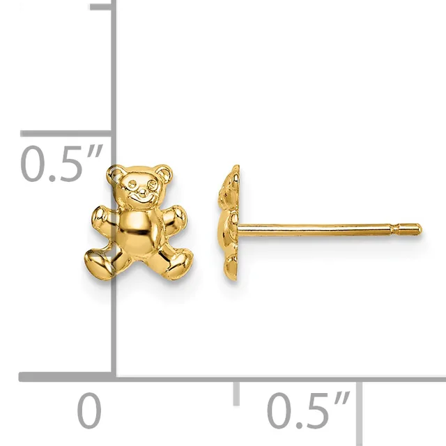 A pair of small gold teddy bear stud earrings shown front and side view with a measurement scale indicating they are approximately 0.5 inches tall.