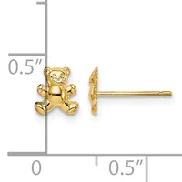 A pair of small gold teddy bear stud earrings shown front and side view with a measurement scale indicating they are approximately 0.5 inches tall.