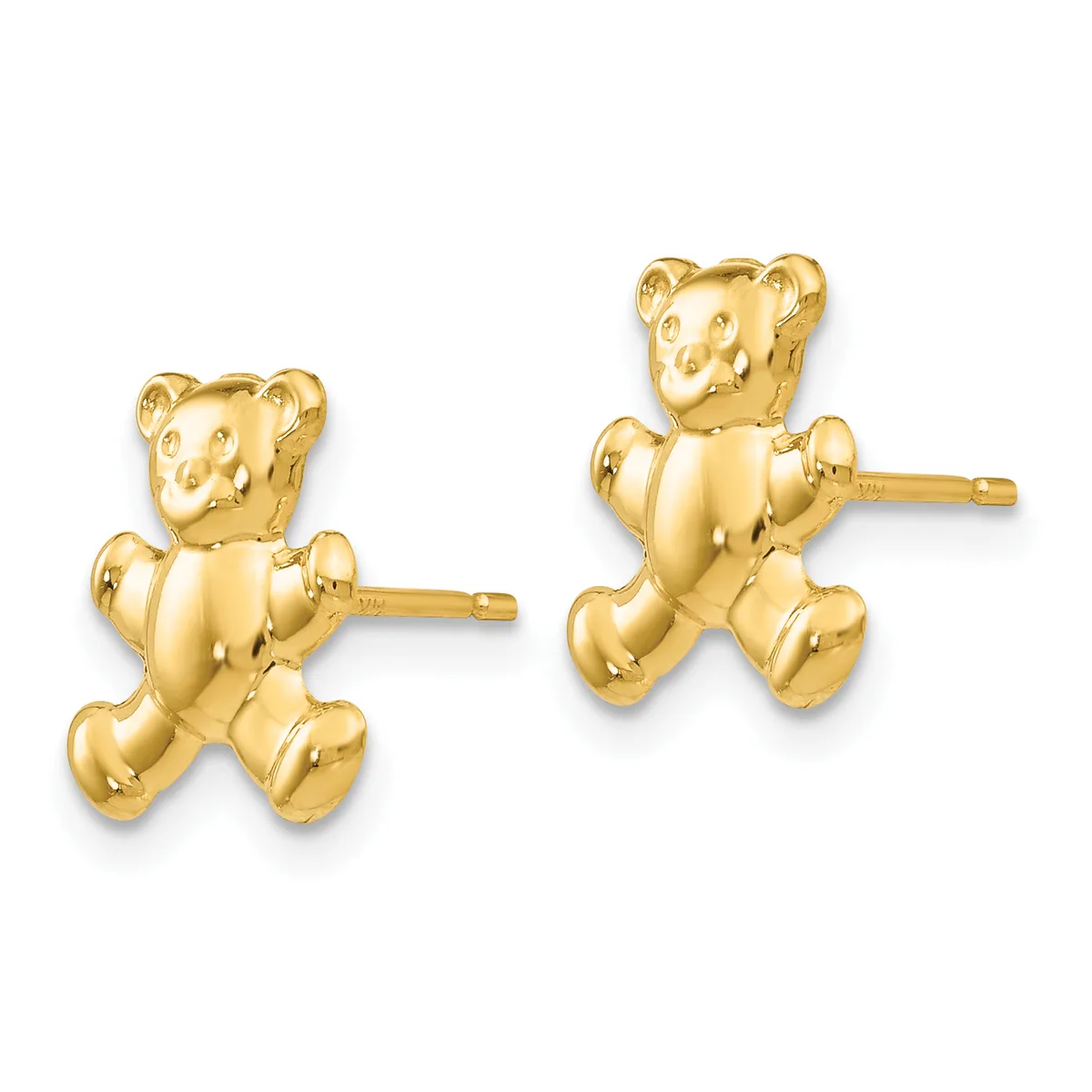 A pair of gold teddy bear stud earrings with shiny polished surfaces, shown from the front against a white background.